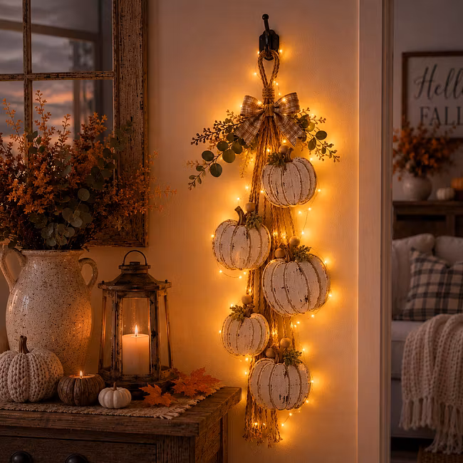 🏡🎃 Rustic Wooden Pumpkin Door Hanging with Warm LED Lights