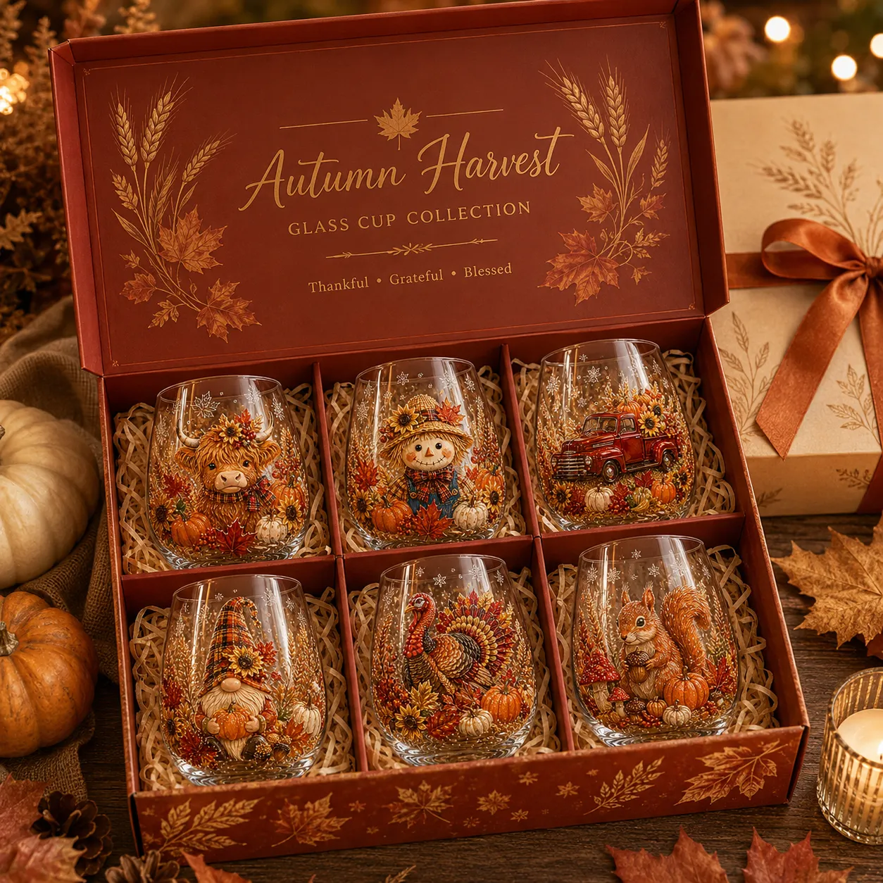 🍂Autumn Harvest 3D Glass Cup Gift Set – 6 Festive Designs
