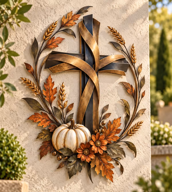 ✝️🍂 Autumn Cross & Pumpkin Harvest Metal Wall Decor