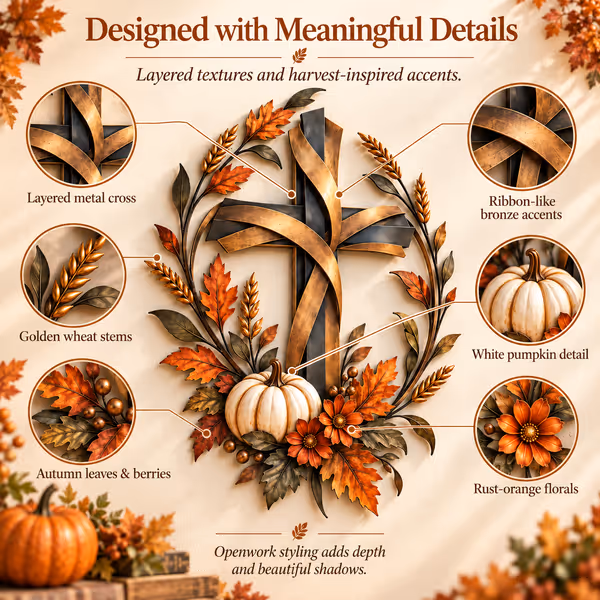 ✝️🍂 Autumn Cross & Pumpkin Harvest Metal Wall Decor