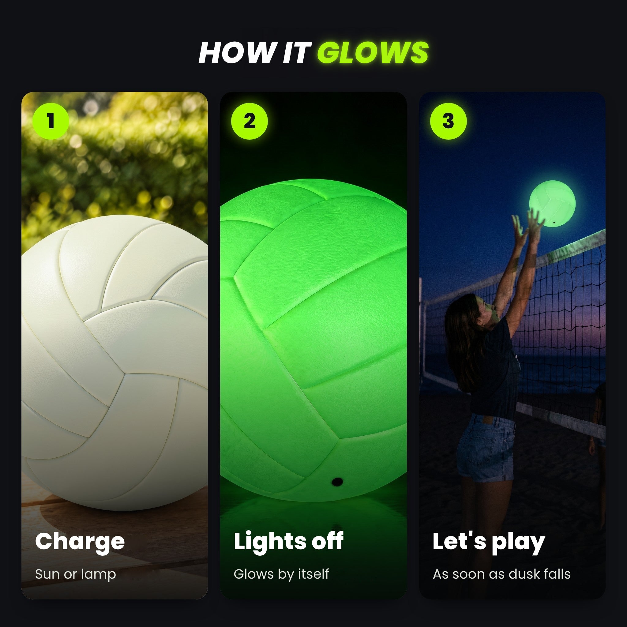 How the GlowVolley glows: charge, lights off, play