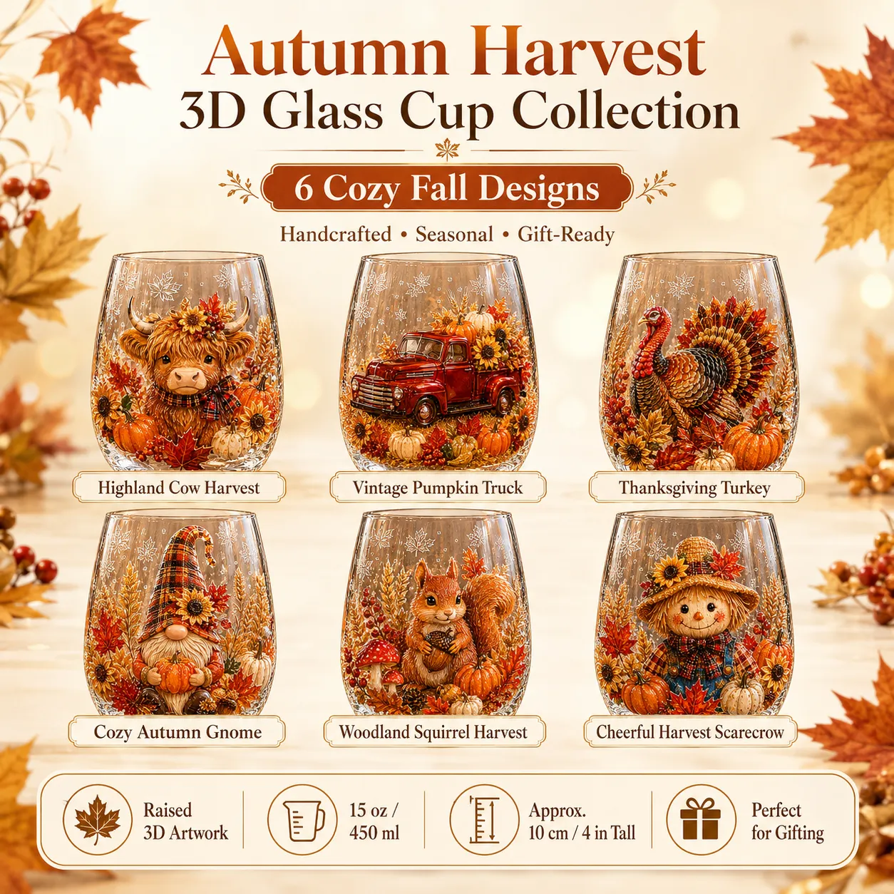 🍂Autumn Harvest 3D Glass Cup Gift Set – 6 Festive Designs