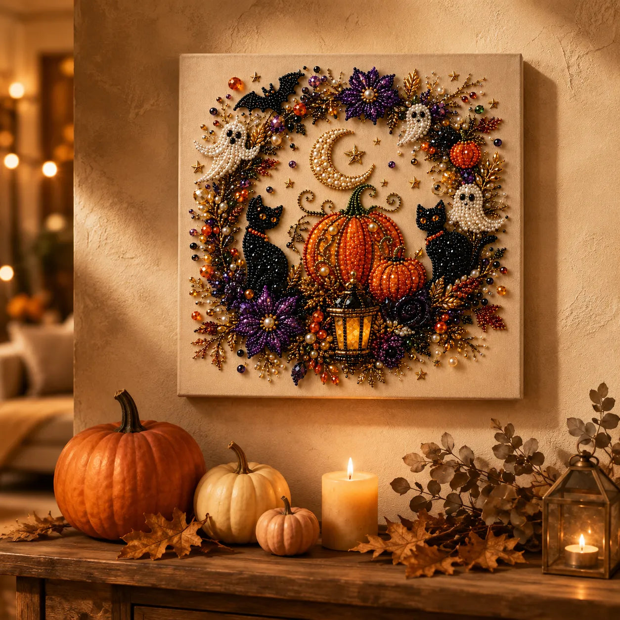 Halloween Pearl-like Bead Craft Kit, Cozy Wall Art DIY