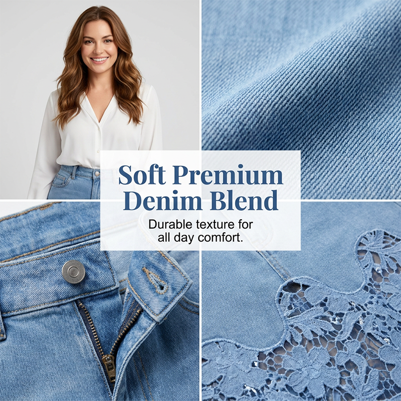 2026 Women's Denim Bodycon Skirt With Lace Trim