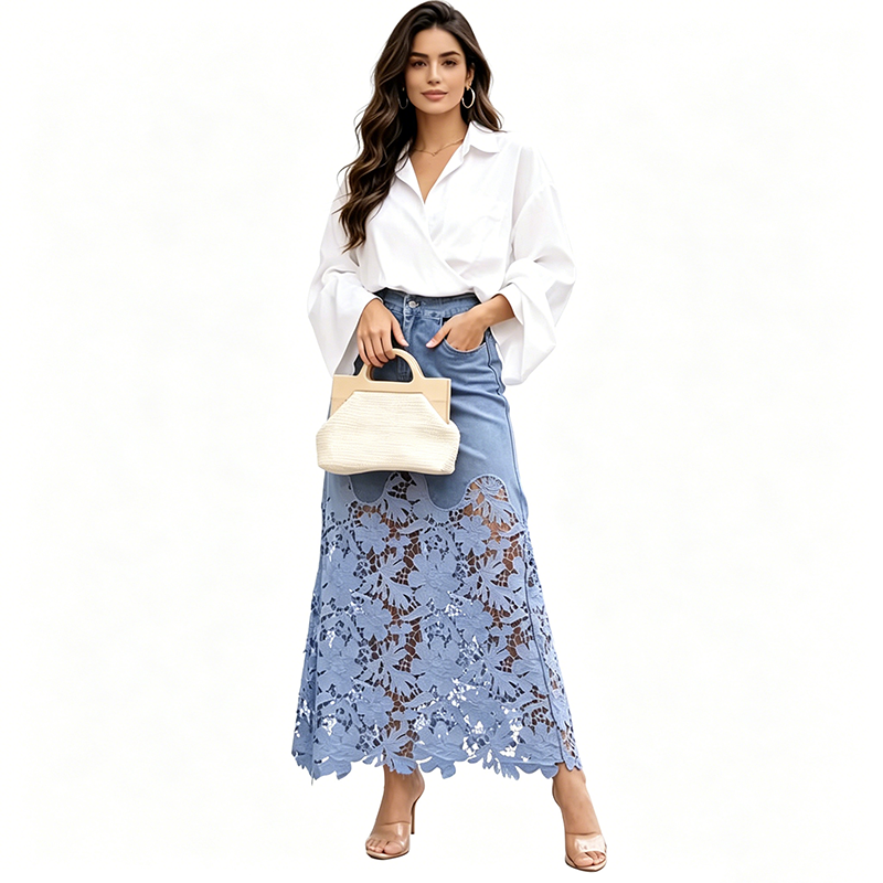 2026 Women's Denim Bodycon Skirt With Lace Trim