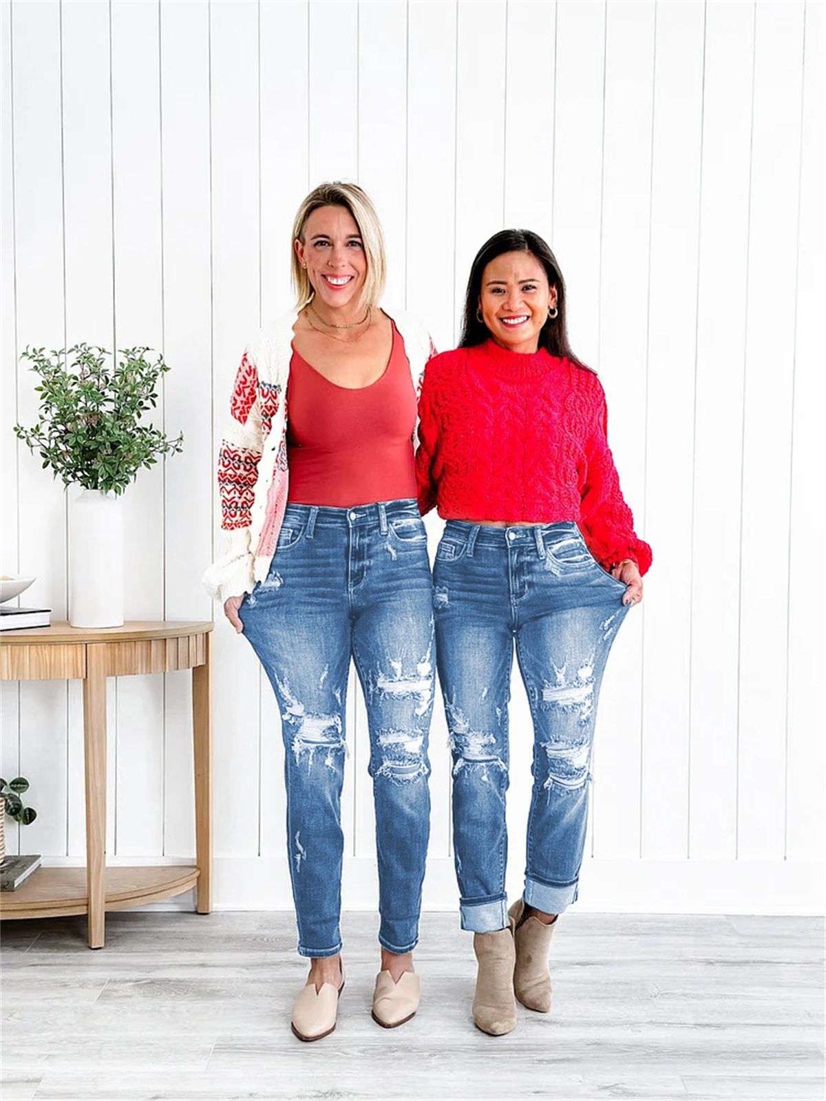 Tummy Control Distressed Cuffed Boyfriend Jeans (Buy 2 Free Shipping)