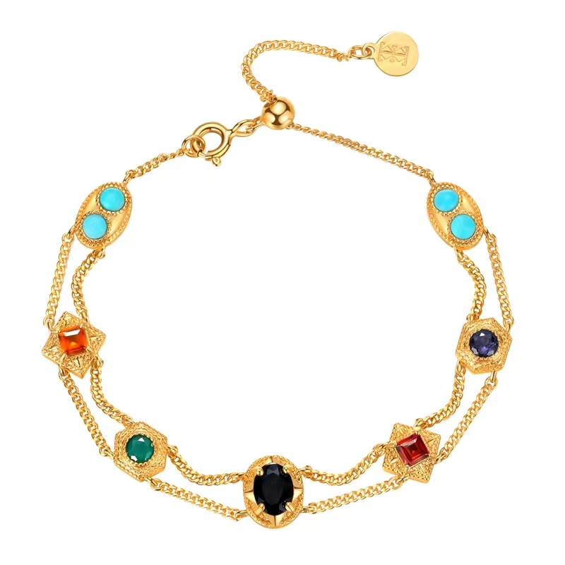 Seven Colorful Natural Gem Gold Bracelet
