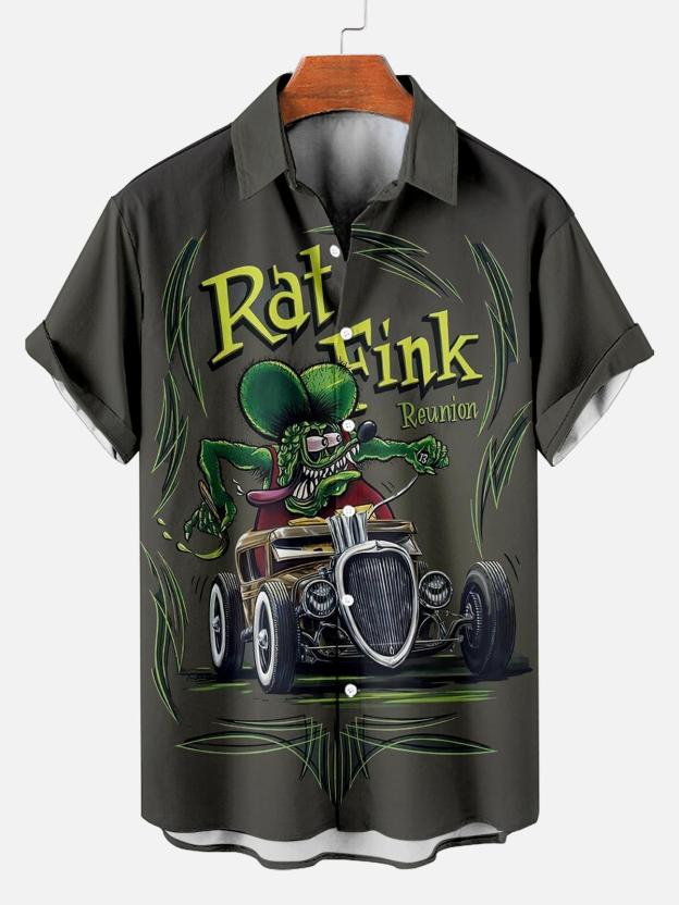 Men's Nostalgic Anime Character Retro Car Short Sleeve Shirt