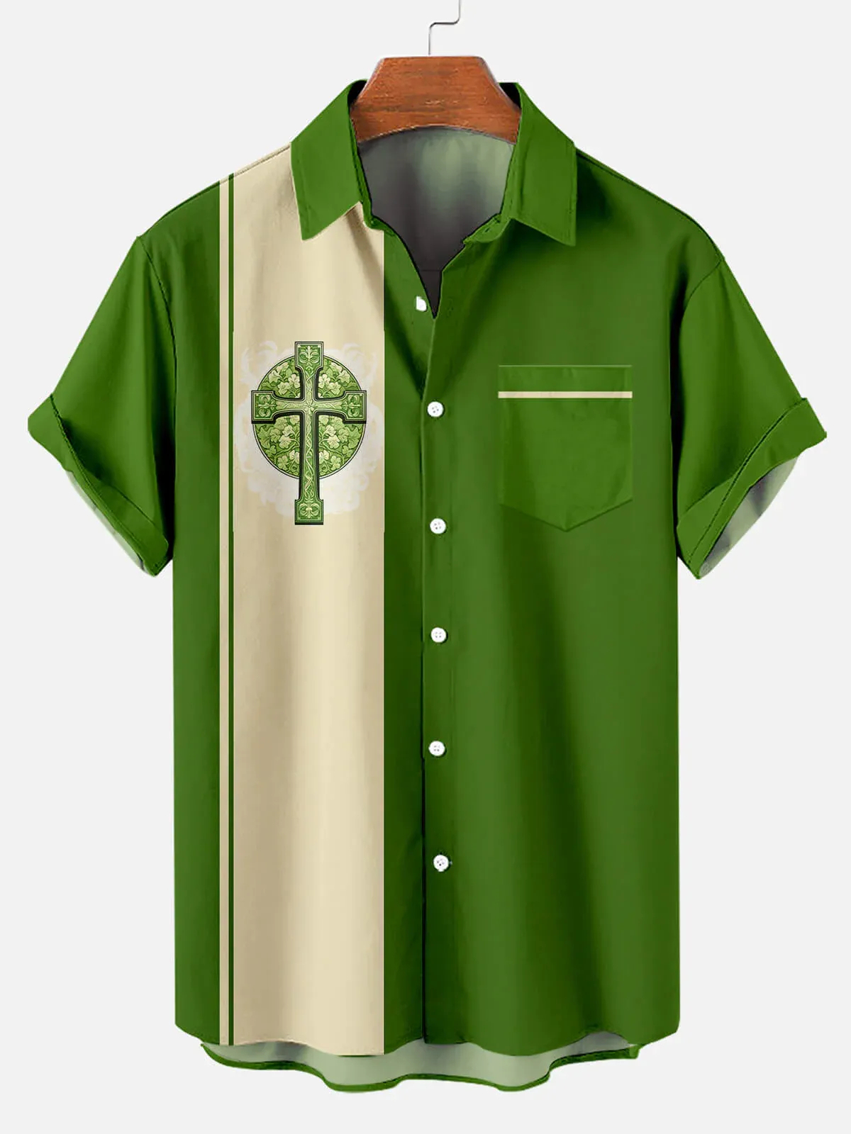 St. Patrick's Day Cross Stripe Short Sleeve Bowling Shirt