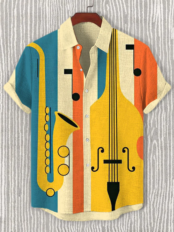 Men's Retro Music Graphic Print Casual Short Sleeve Shirt
