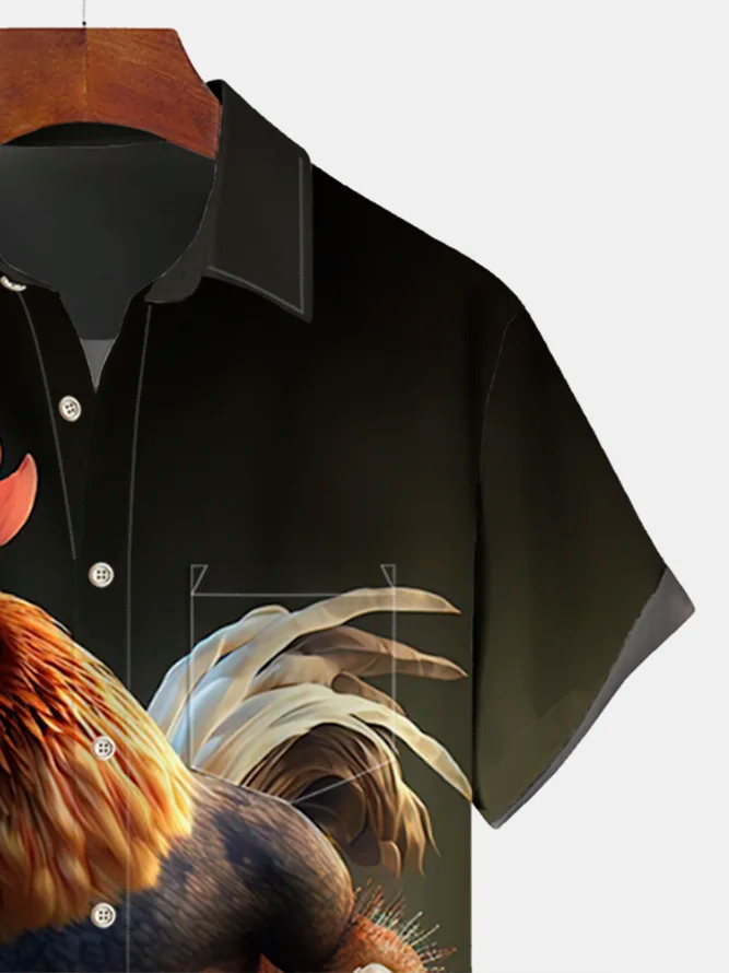Casual Black Rooster Print Lapel Short Sleeve Shirt