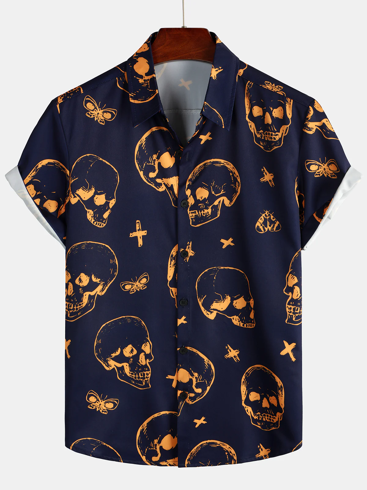 Men's Casual Skull & Crossbones Printed Lapel Short Sleeve Shirt