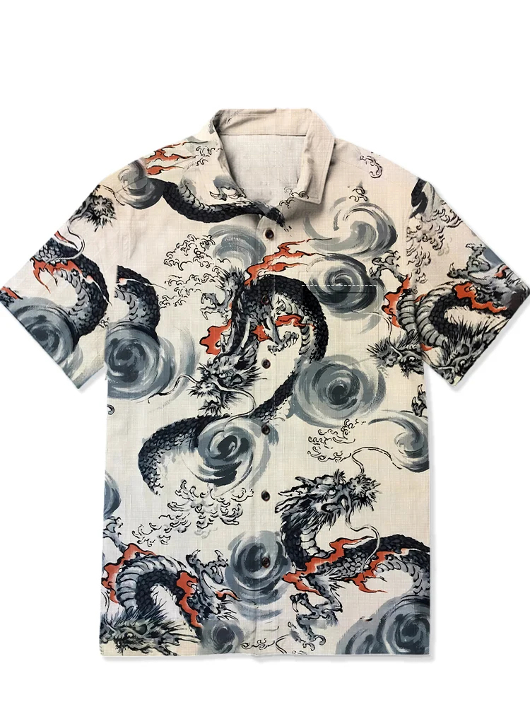 Men's Oriental Ink Painting Style Dragon Print Hawaiian Short sleeved Shirt