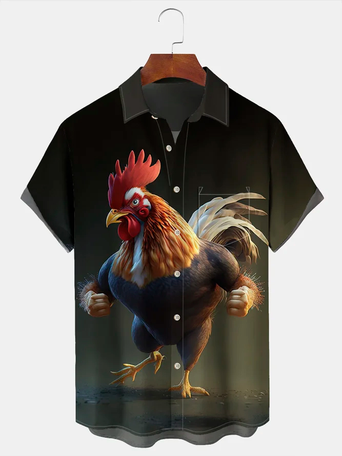 Casual Black Rooster Print Lapel Short Sleeve Shirt