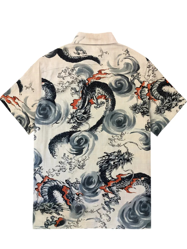 Men's Oriental Ink Painting Style Dragon Print Hawaiian Short sleeved Shirt