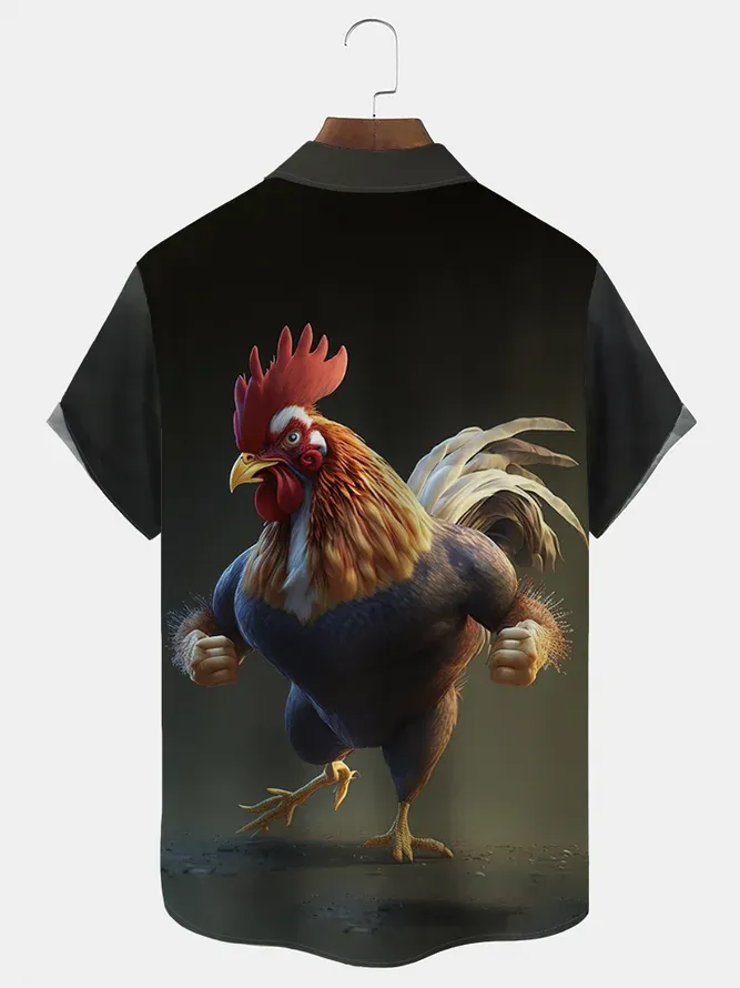 Casual Black Rooster Print Lapel Short Sleeve Shirt