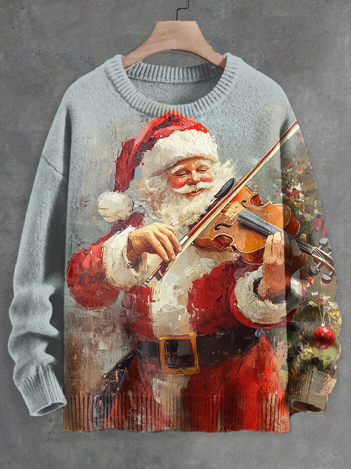 Men's Christmas Santa Claus Plays Violin Art Print Knit Sweatshirt