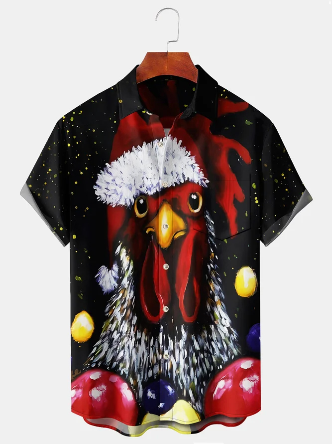 Men's Casual Rooster Print Lapel Short Sleeve Shirt
