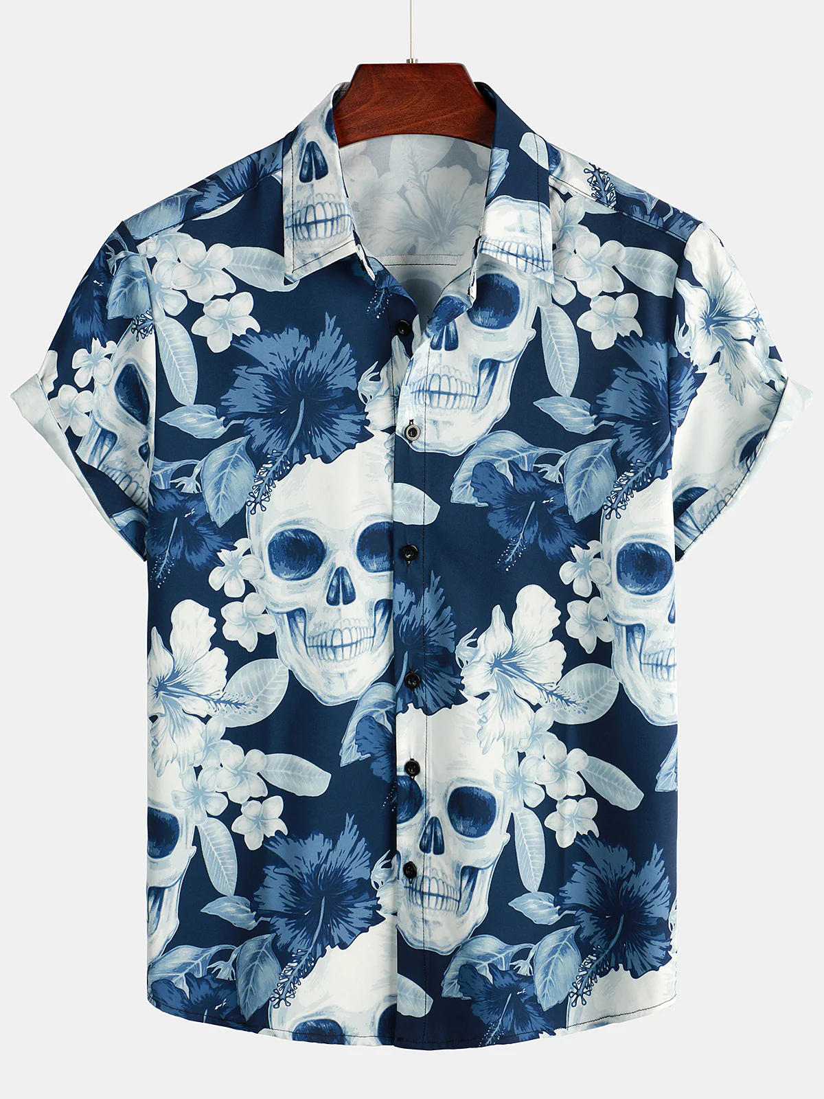 Men's Casual Art Skull Floral Frame Printed Lapel Short Sleeve Shirt