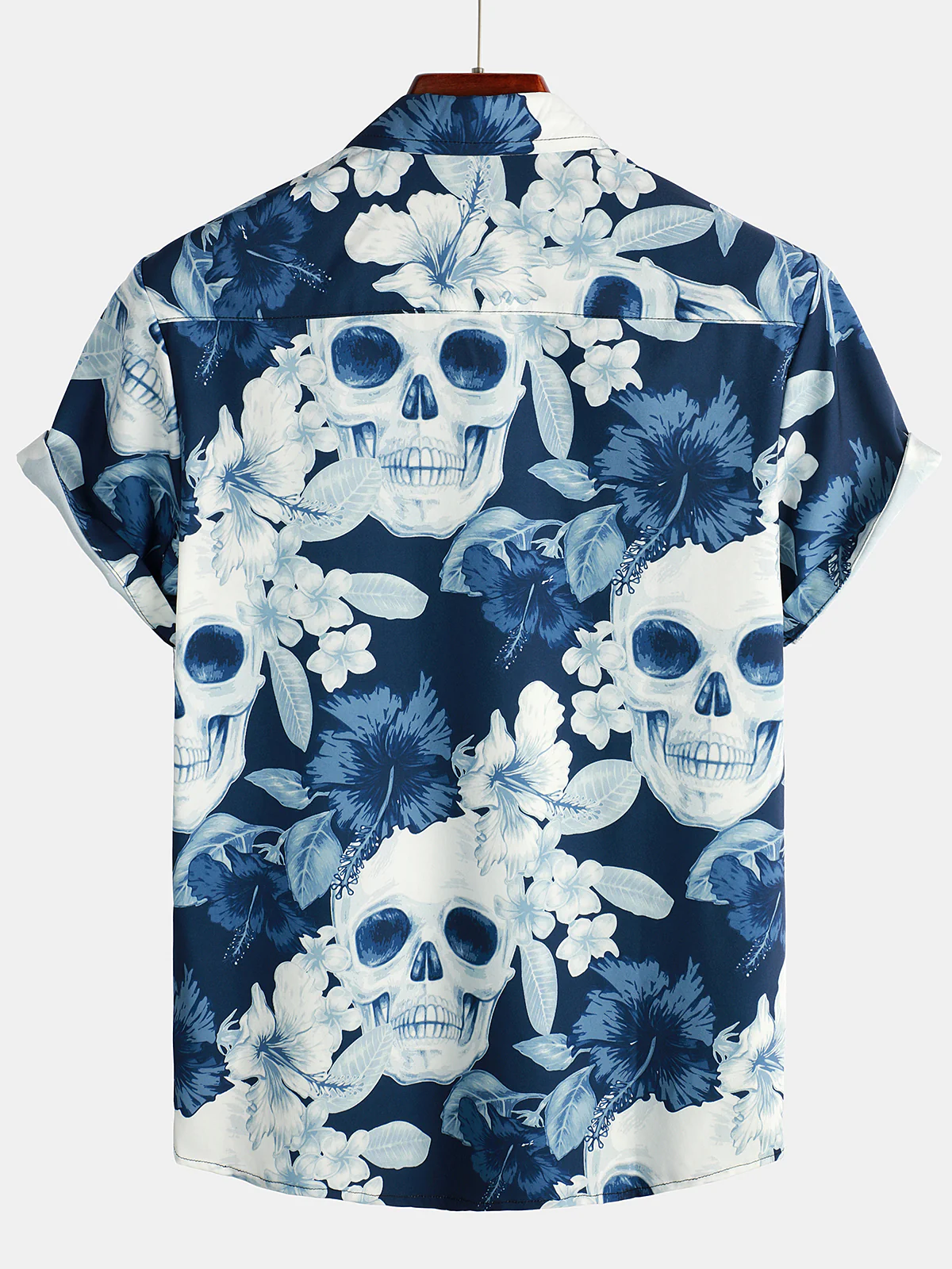 Men's Casual Art Skull Floral Frame Printed Lapel Short Sleeve Shirt