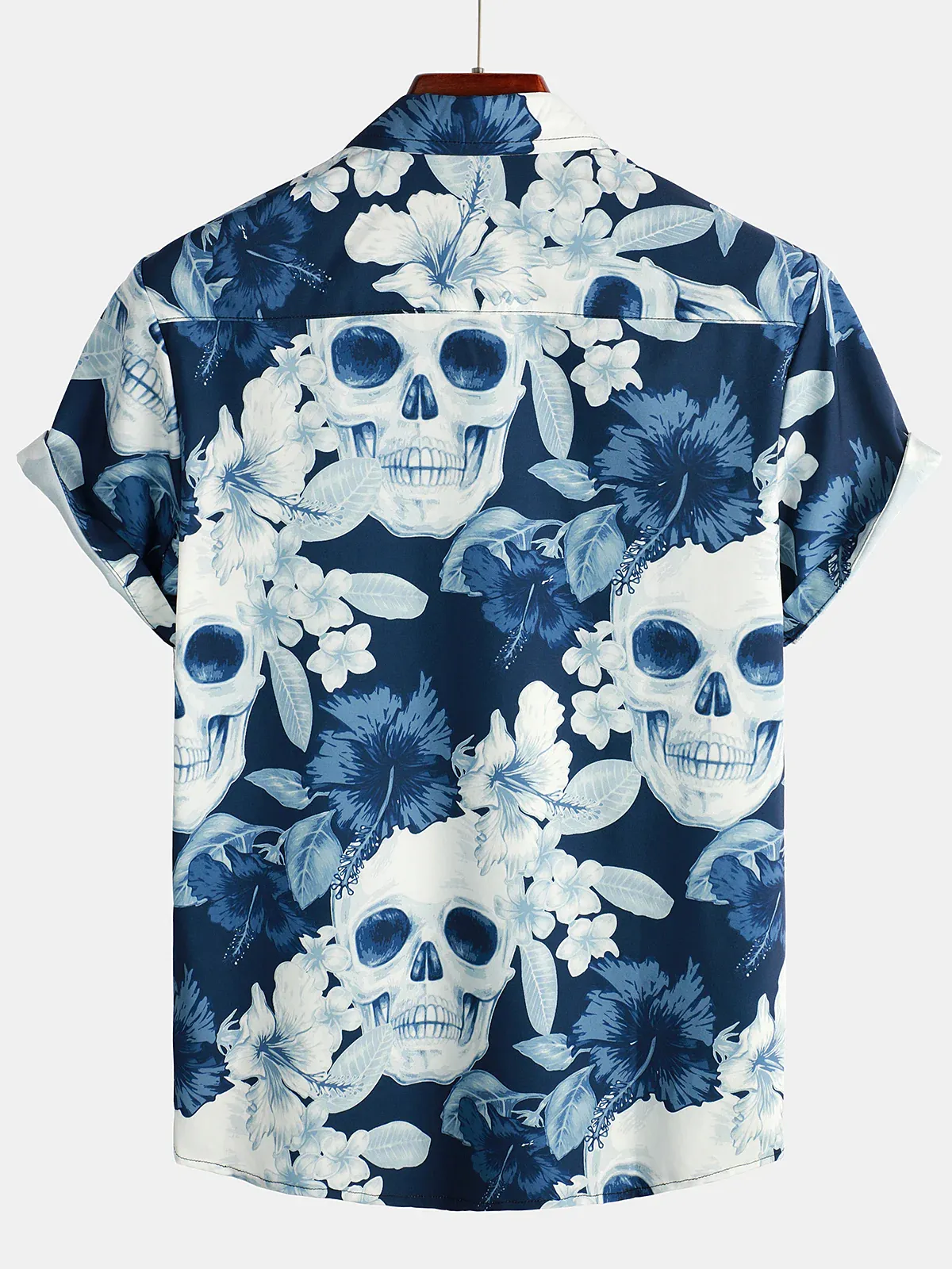 Men's Casual Art Skull Floral Frame Printed Lapel Short Sleeve Shirt