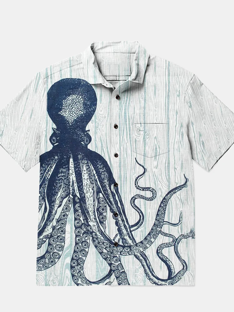 Men's Eastern Woodgrain Octopus Printed Hawaiian Short sleeved Shirt