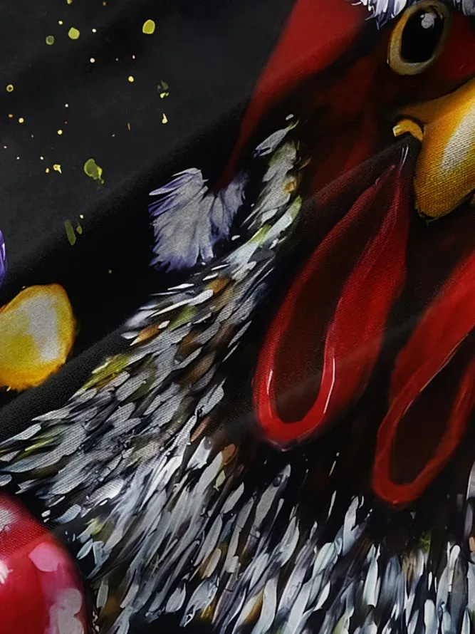 Men's Casual Rooster Print Lapel Short Sleeve Shirt