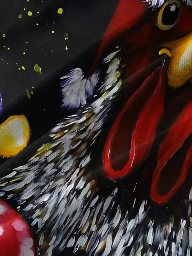 Men's Casual Rooster Print Lapel Short Sleeve Shirt