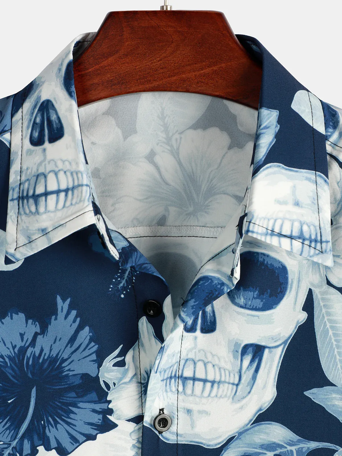 Men's Casual Art Skull Floral Frame Printed Lapel Short Sleeve Shirt