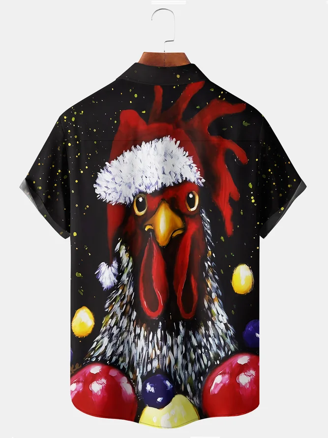 Men's Casual Rooster Print Lapel Short Sleeve Shirt