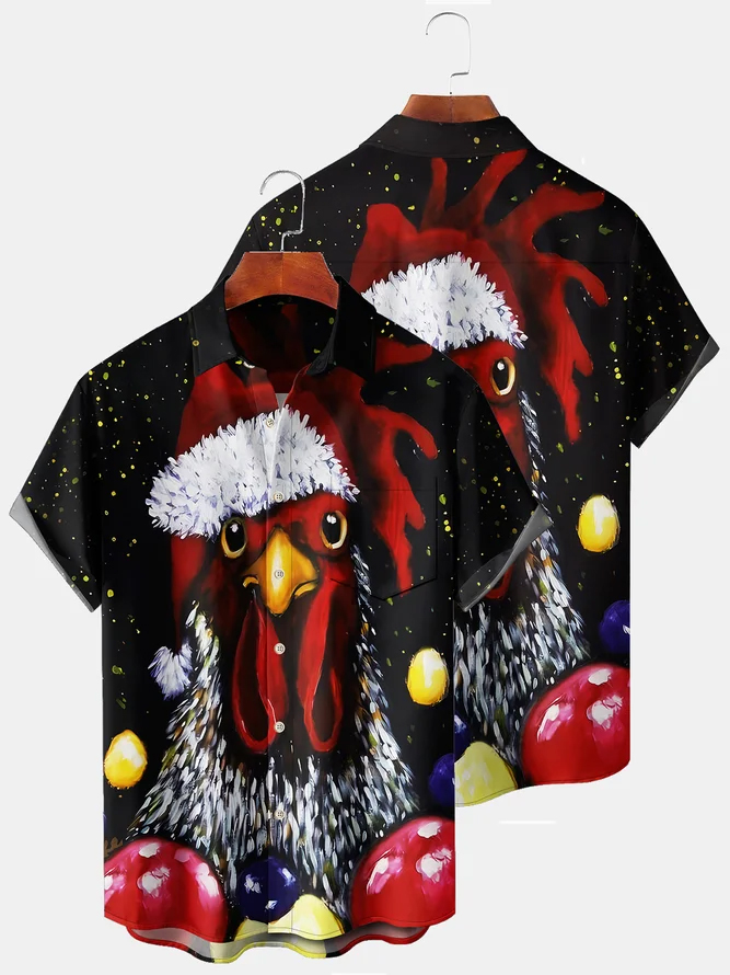Men's Casual Rooster Print Lapel Short Sleeve Shirt