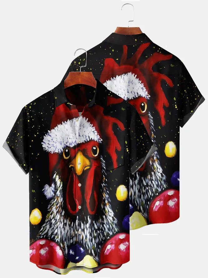 Men's Casual Rooster Print Lapel Short Sleeve Shirt