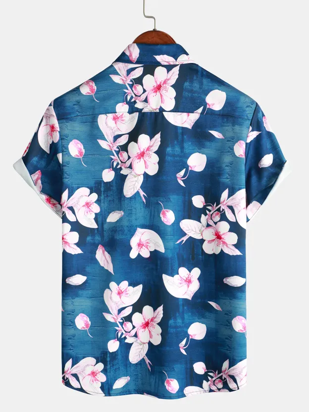 Men's Casual Gradient Floral Frame Printed Lapel Short Sleeve Shirt