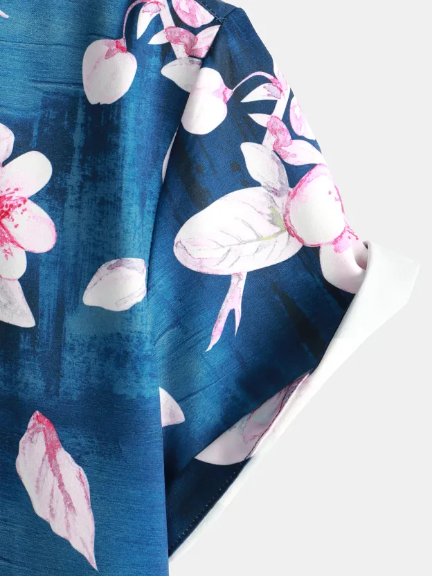Men's Casual Gradient Floral Frame Printed Lapel Short Sleeve Shirt