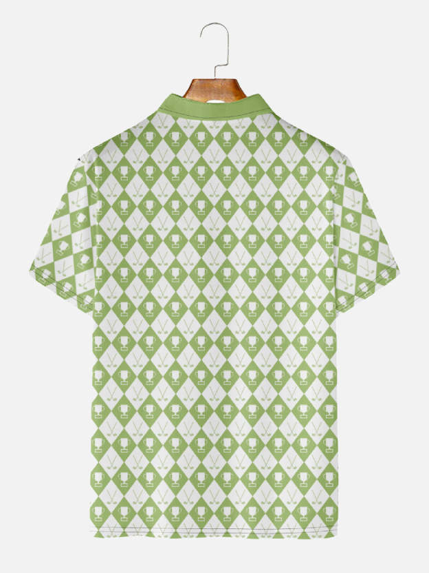 Men's Green Diamond Checkers All Over Trophy Short Sleeve Polo Shirt