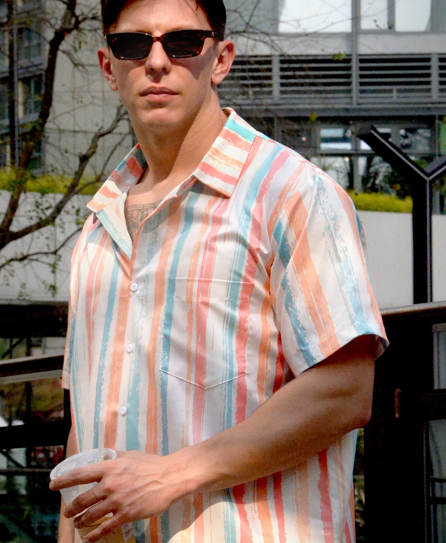 Men's Short Sleeve Button Down Shirt, Pastel Striped Pattern, Casual Summer Fit