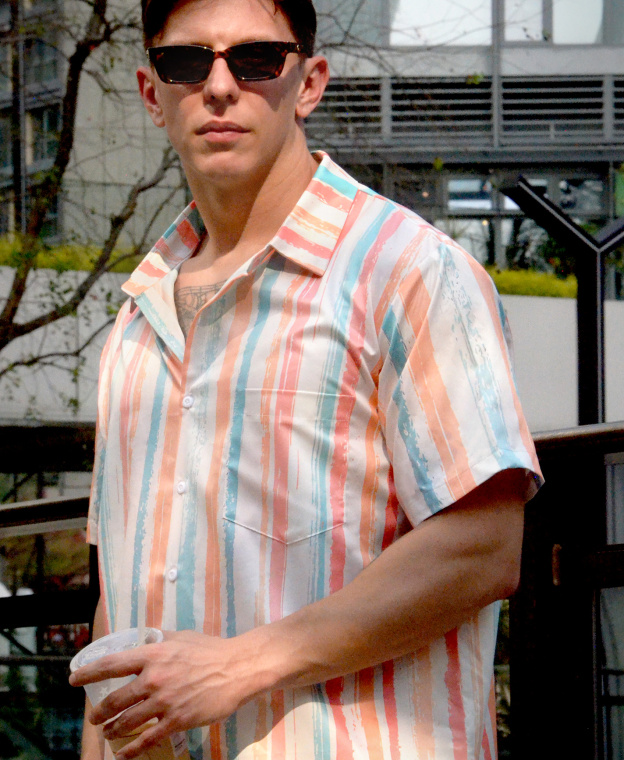 Men's Short Sleeve Button Down Shirt, Pastel Striped Pattern, Casual Summer Fit