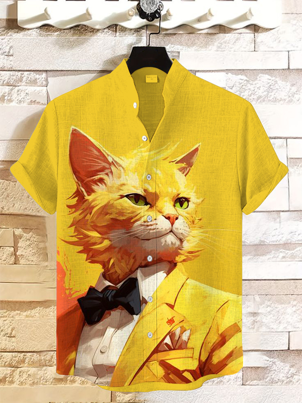 Men's Cat Gentleman Art Print Casual Linen Blend Shirt