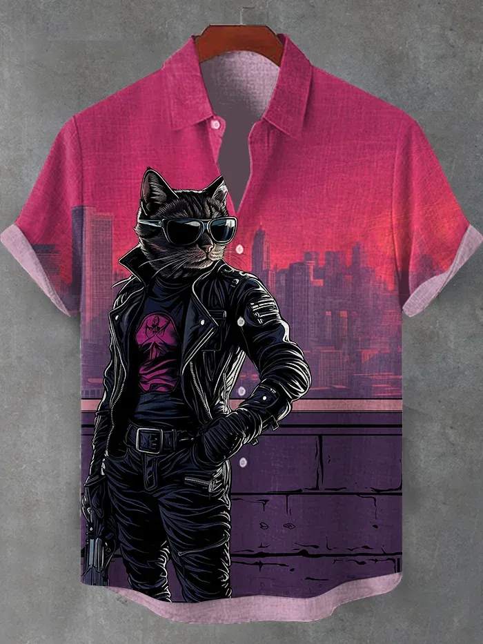 Men's Cool Black Cat Theme Retro Cartoon Shirt