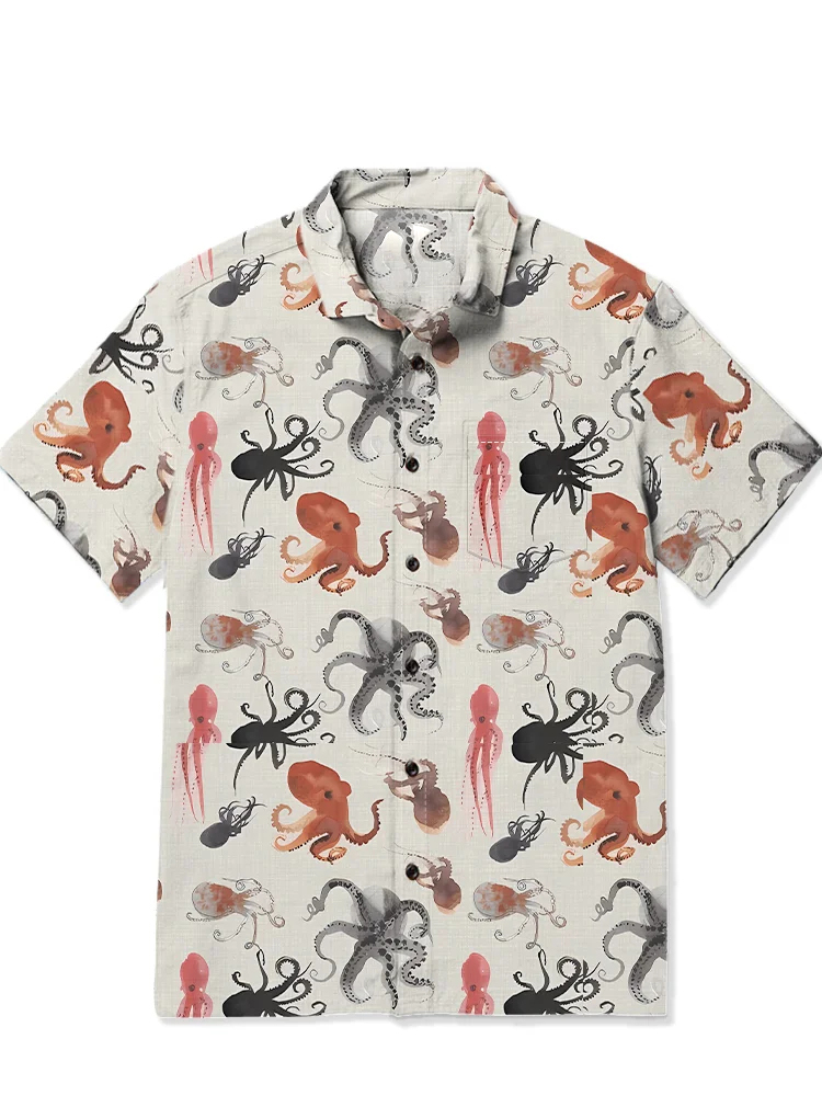 Men's retro octopus printed Hawaiian short sleeved shirt