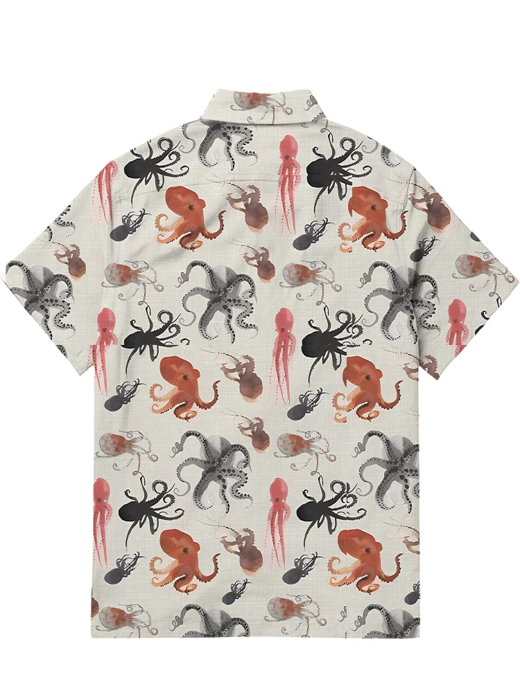 Men's retro octopus printed Hawaiian short sleeved shirt