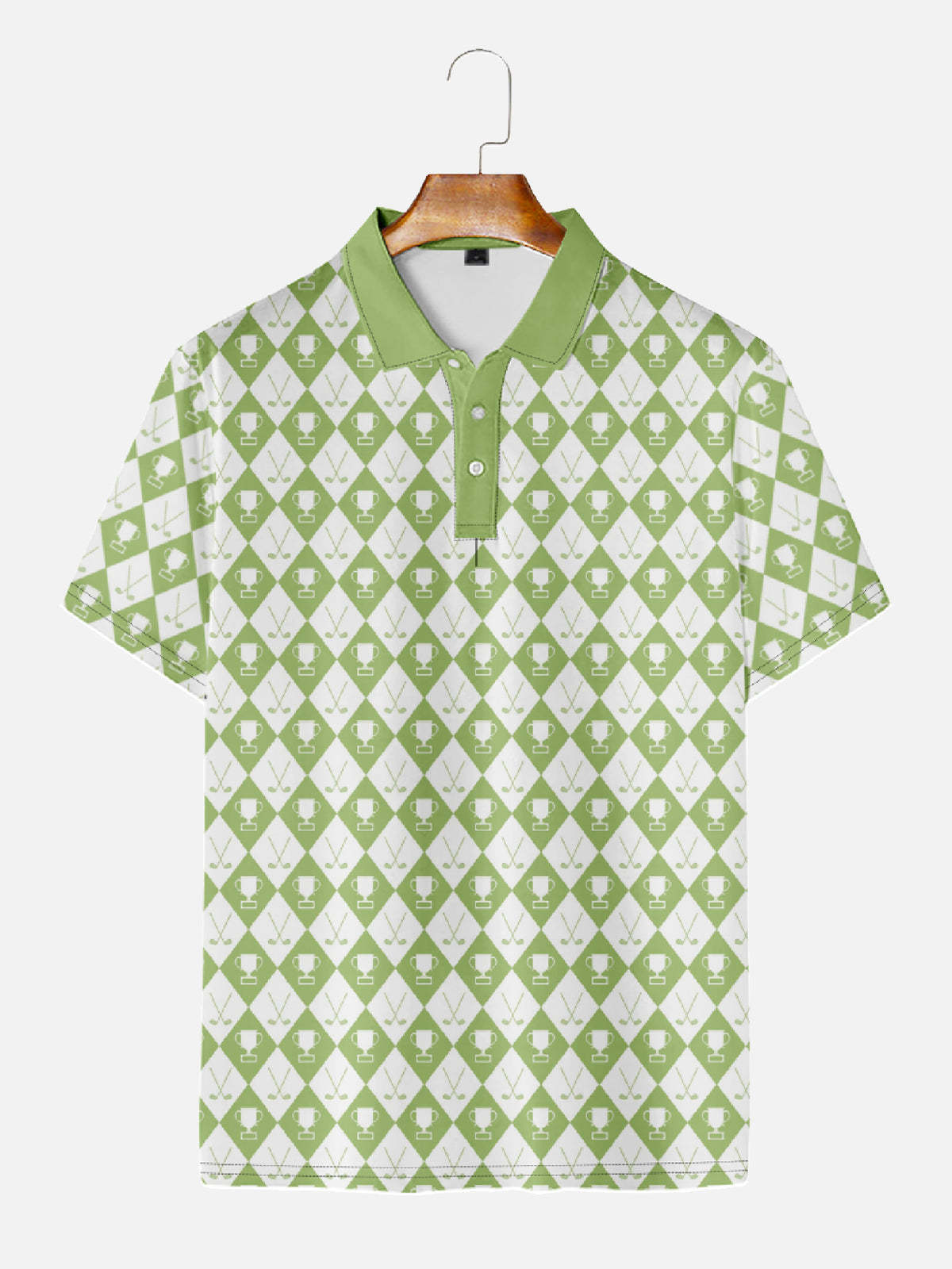 Men's Green Diamond Checkers All Over Trophy Short Sleeve Polo Shirt