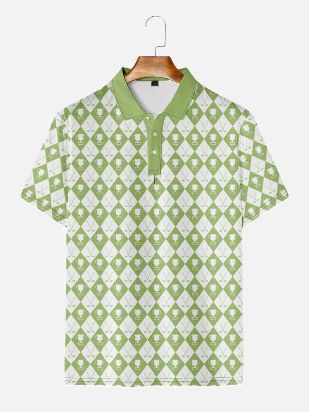 Men's Green Diamond Checkers All Over Trophy Short Sleeve Polo Shirt