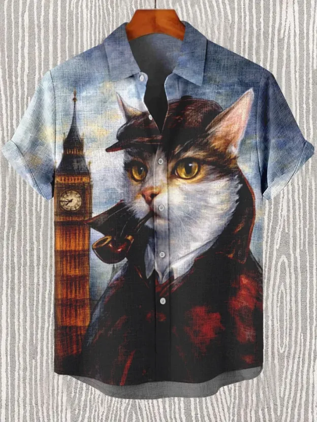 Men's Detective Cat Theme Retro Cartoon Shirt