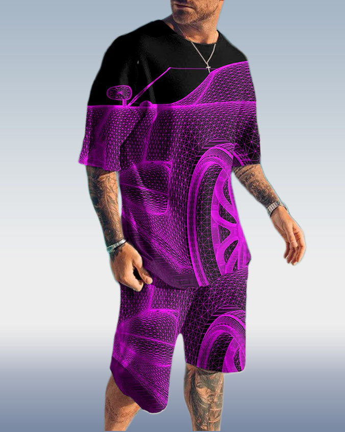 Men's Fashion 3D Printing Short Sleeve Two-Piece Suit 3 Colors