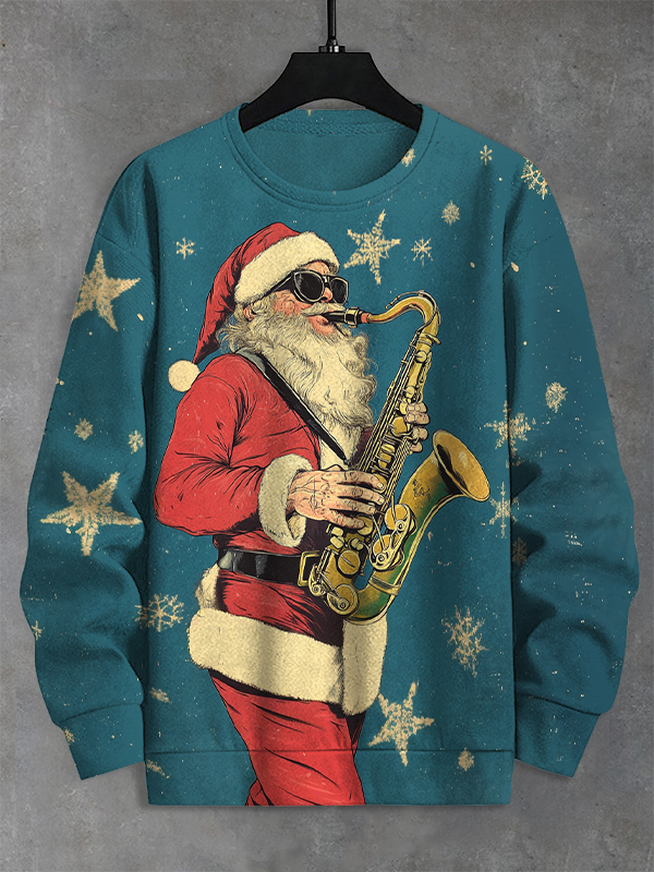 Men's Santa Claus Playing Saxophone Print Casual Sweatshirt