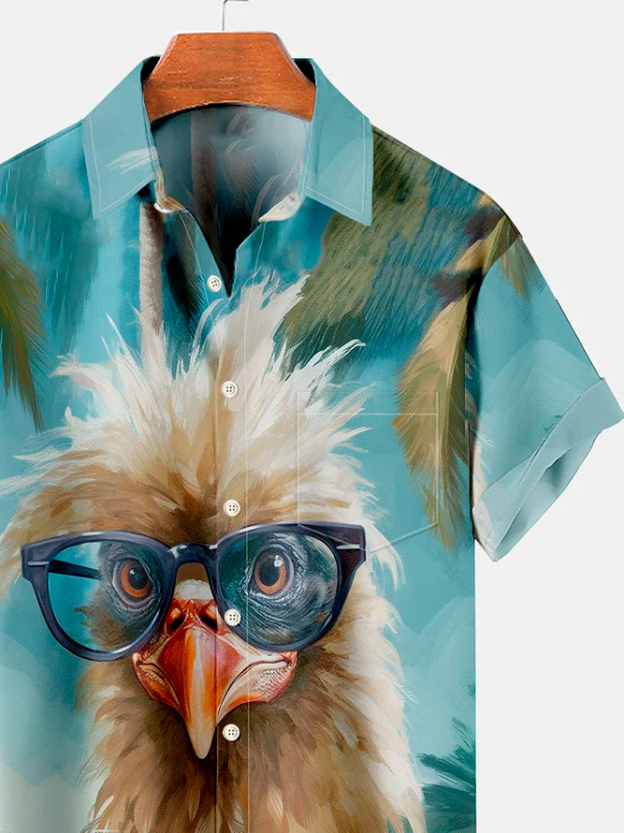 Men's Casual Resort Glasses Chicken Print Lapel Short Sleeve Shirt