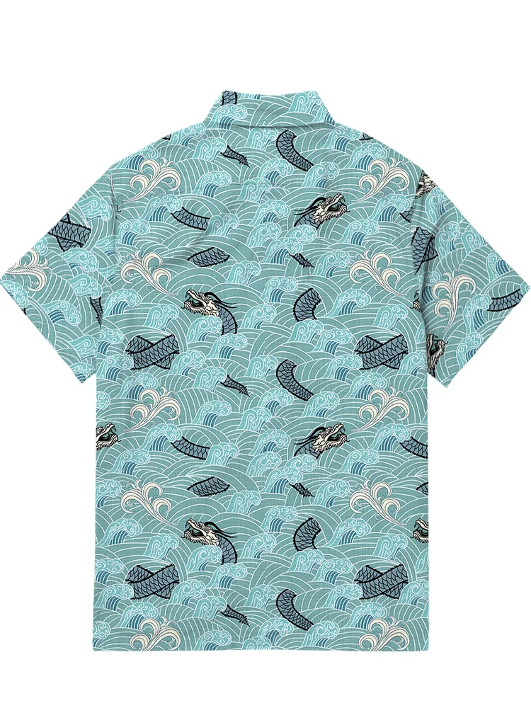 Men's retro wave dragon printed Hawaiian short sleeved shirt