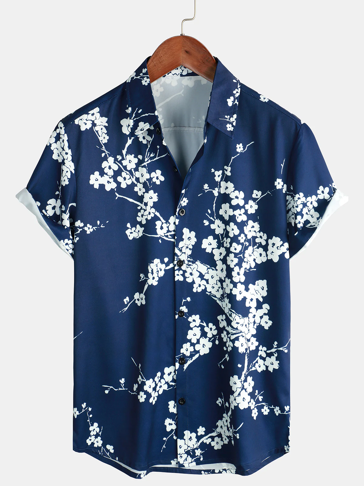 Men's Casual Cherry Blossom Silhouette Print Lapel Short Sleeve Shirt
