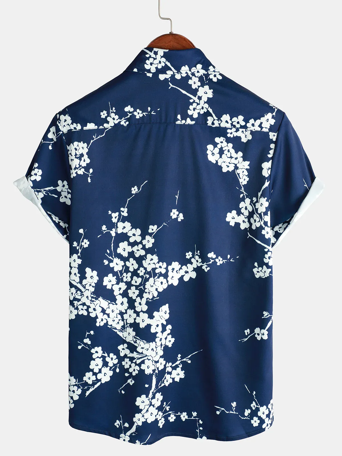 Men's Casual Cherry Blossom Silhouette Print Lapel Short Sleeve Shirt
